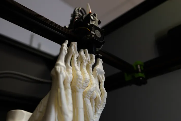 Detailaufnahme: Ein 3D-Drucker erstellt ein weißes Fußskelett