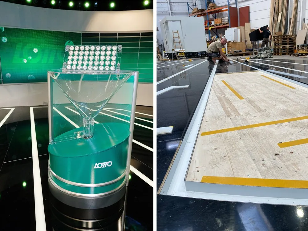Zweiteiliges Bild: Links: Lotterie-Maschine und Kugeln; Rechts: Werkstatt mit Person, die an Studio Platform arbeitet